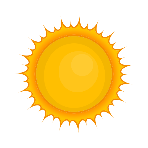 Illustration of a bright, stylized sun with a yellow center and orange rays against a black background.