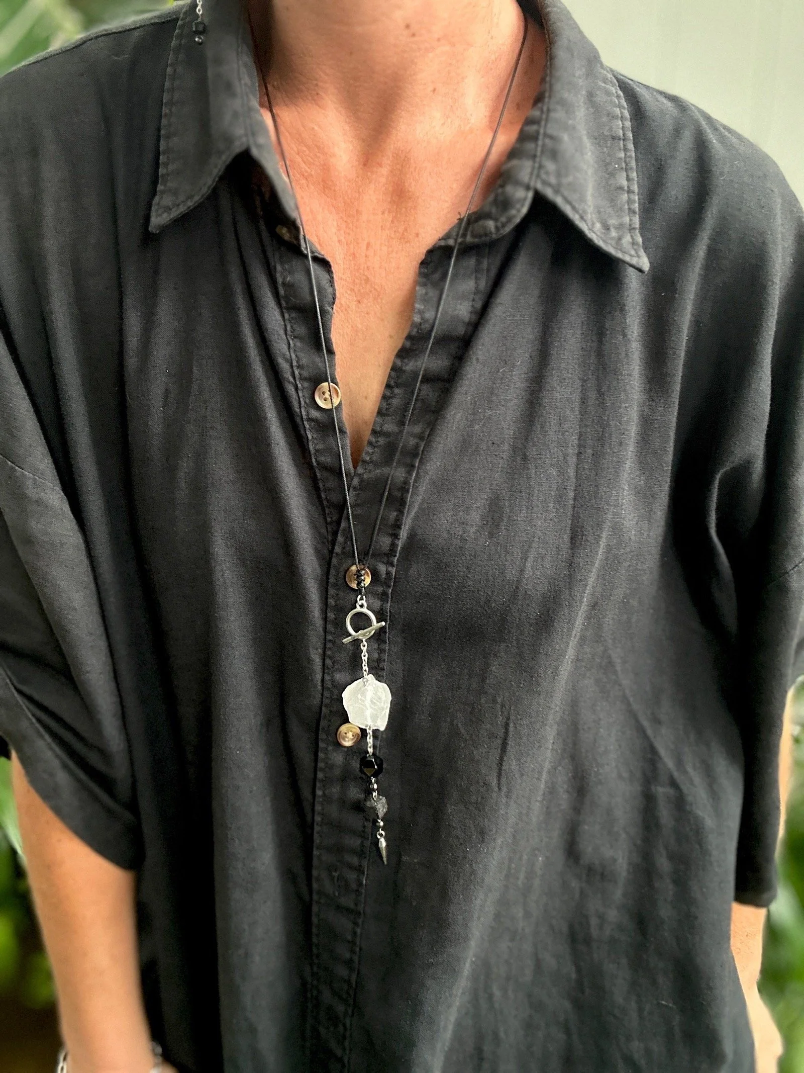 Quartz, Black Agate & Lava Stone Necklace in Sterling Silver | Handmade Grounding Crystal Jewelry
