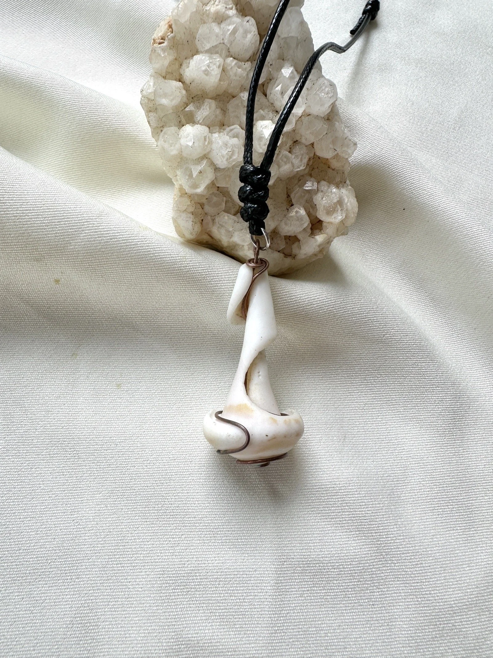 White Shell Pendant Necklace with Copper Wire on Black Cord