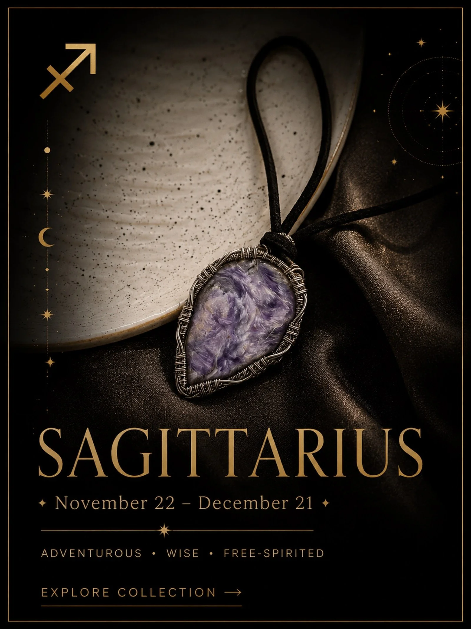 Adventure-inspired gemstones chosen for optimism, exploration and free-spirited Sagittarius energy.