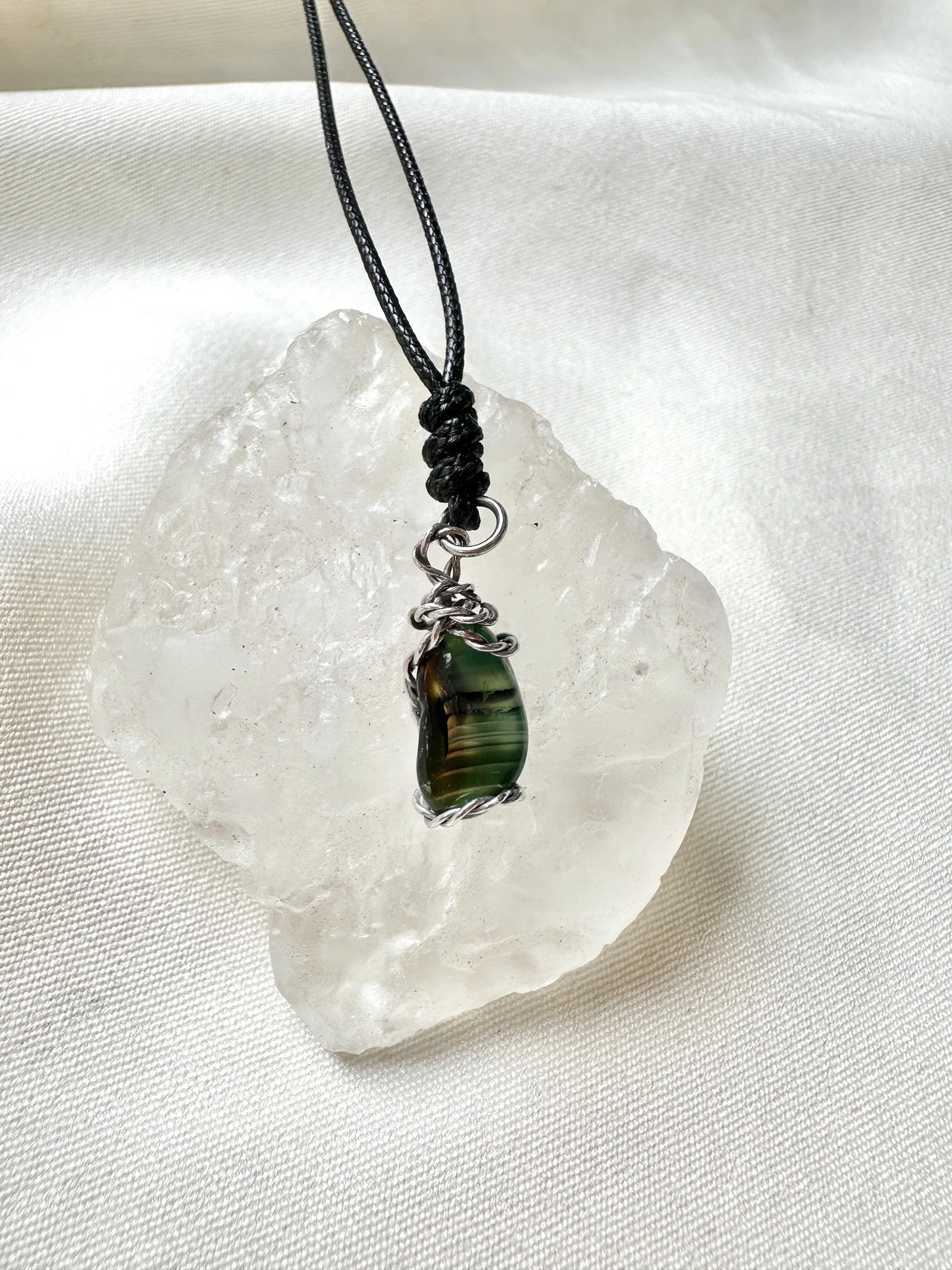Green Banded Agate Mini Pendant Necklace – Wire-Wrapped Gemstone on Black Cord