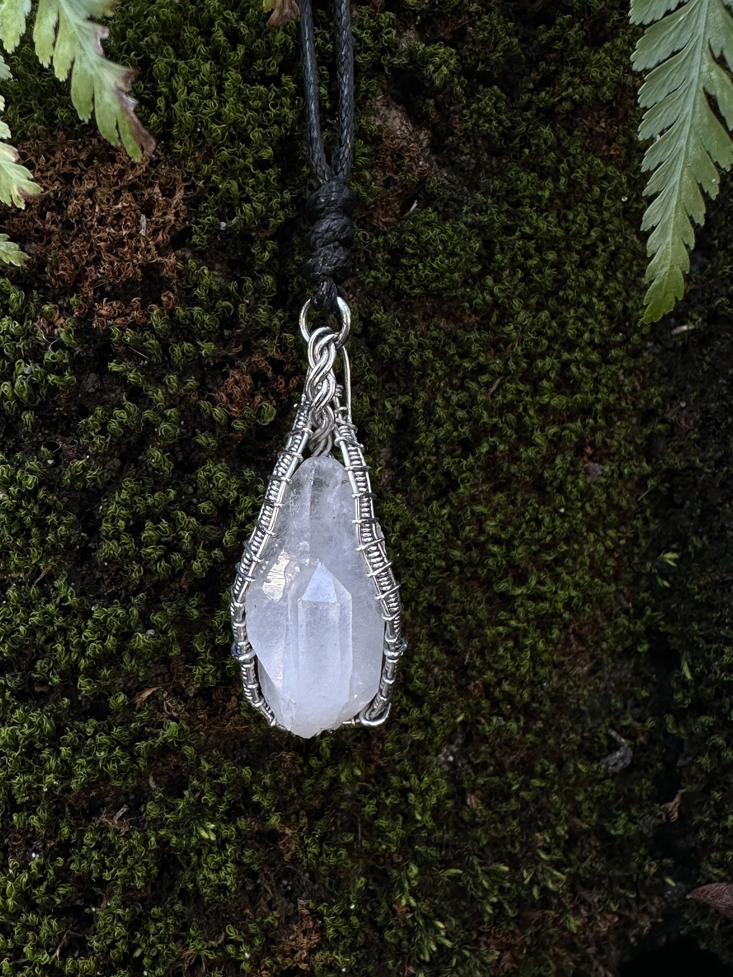 Clear Quartz Point Necklace in Hand-Braided Sterling Silver | Handmade Crystal Pendant