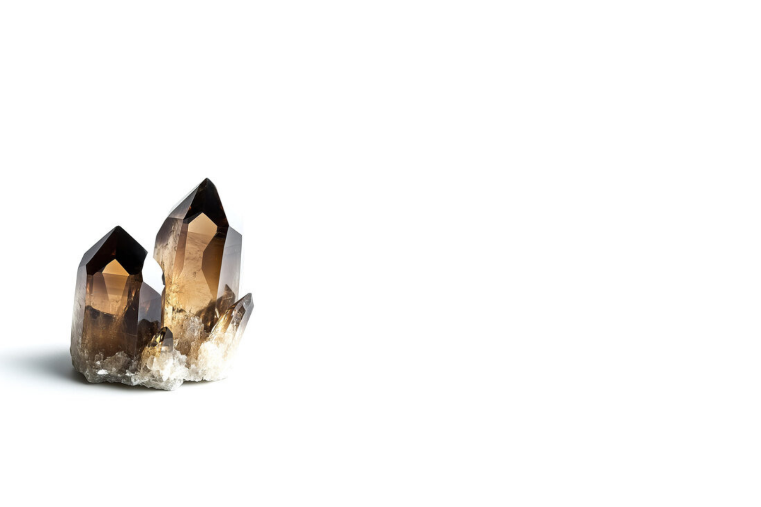 Cluster of smoky quartz crystals on white background