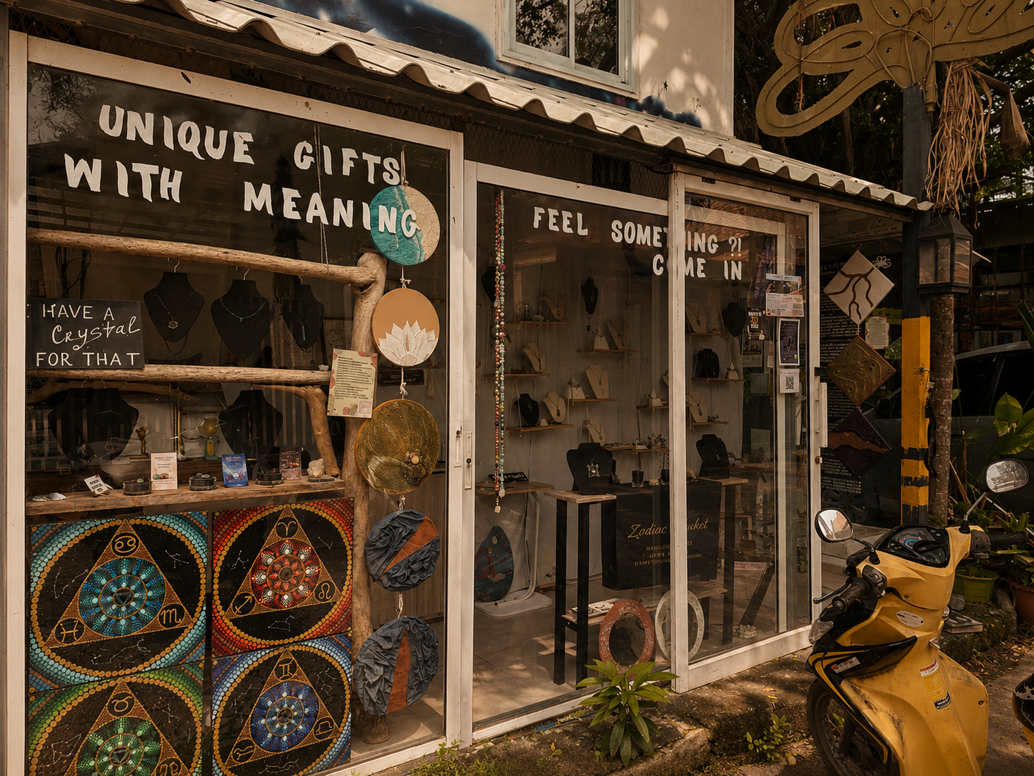 A storefront with large glass windows displaying jewelry and artwork. The sign says 'Unique gifts with meaning. Feel something? Come in.' Outside, there are paintings with zodiac symbols, hanging decorations, and a yellow scooter parked nearby.
