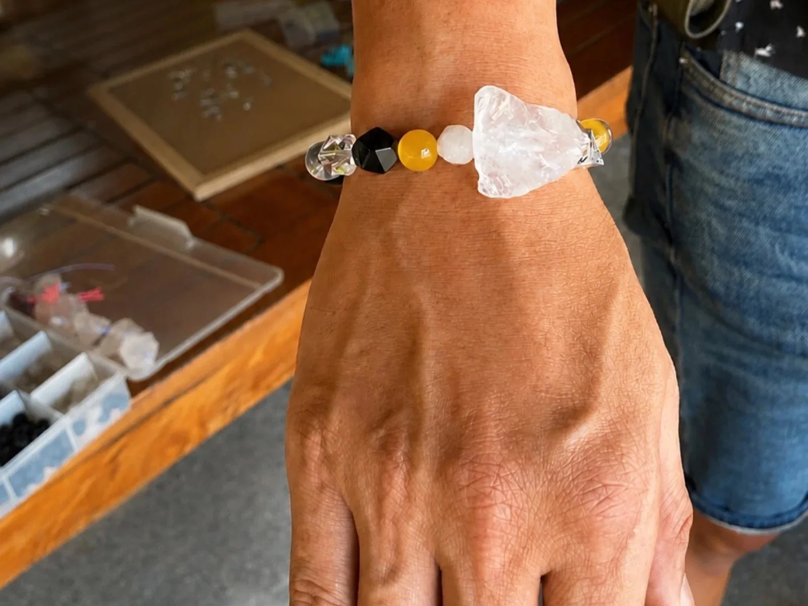 Handmade gemstone bracelet created during a jewelry workshop in Phuket