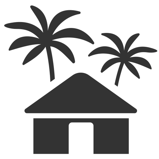 Silhouette of a house with two palm trees in the background.