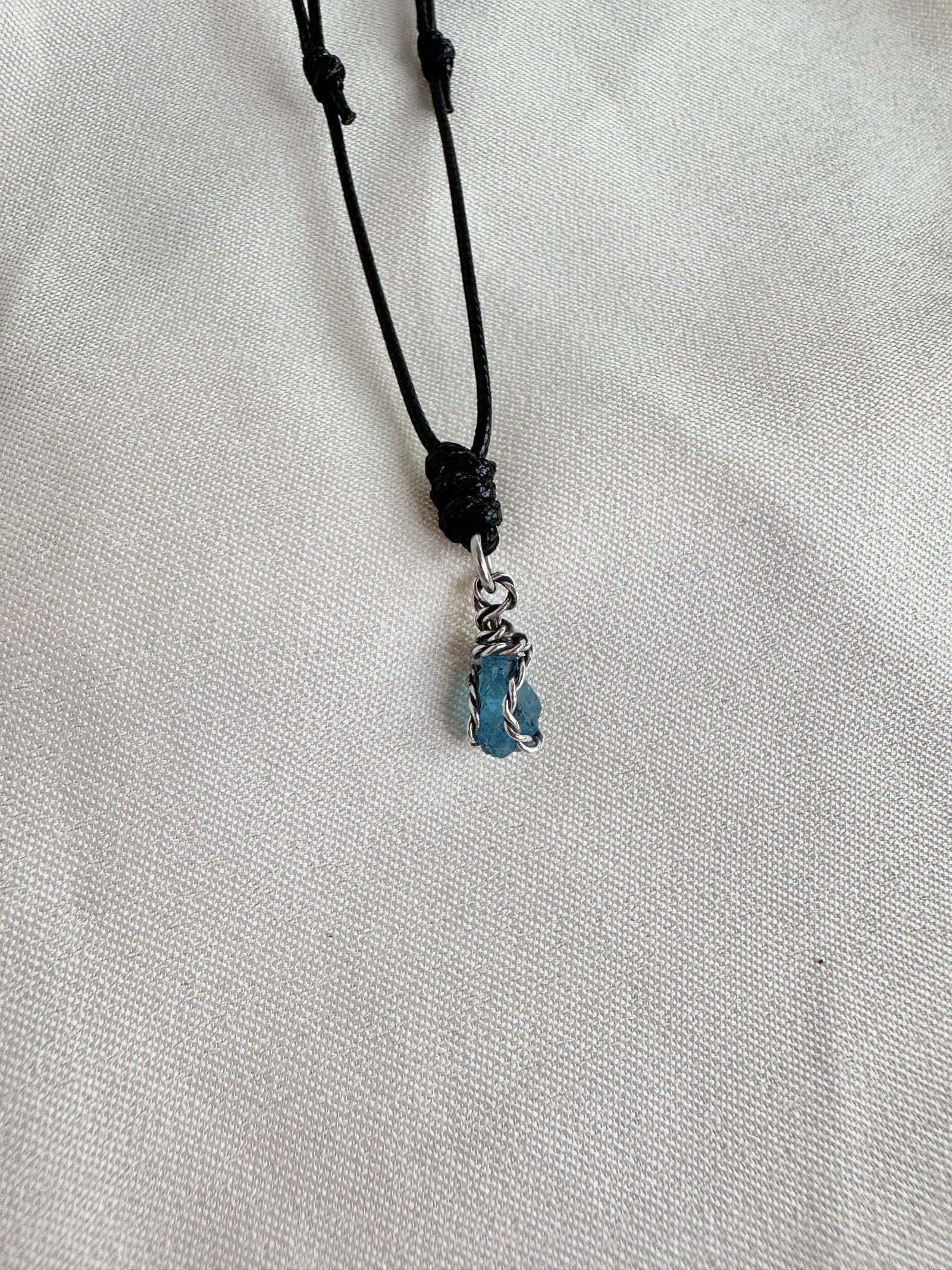Mini Raw Blue Apatite Pendant in Sterling Silver Wire