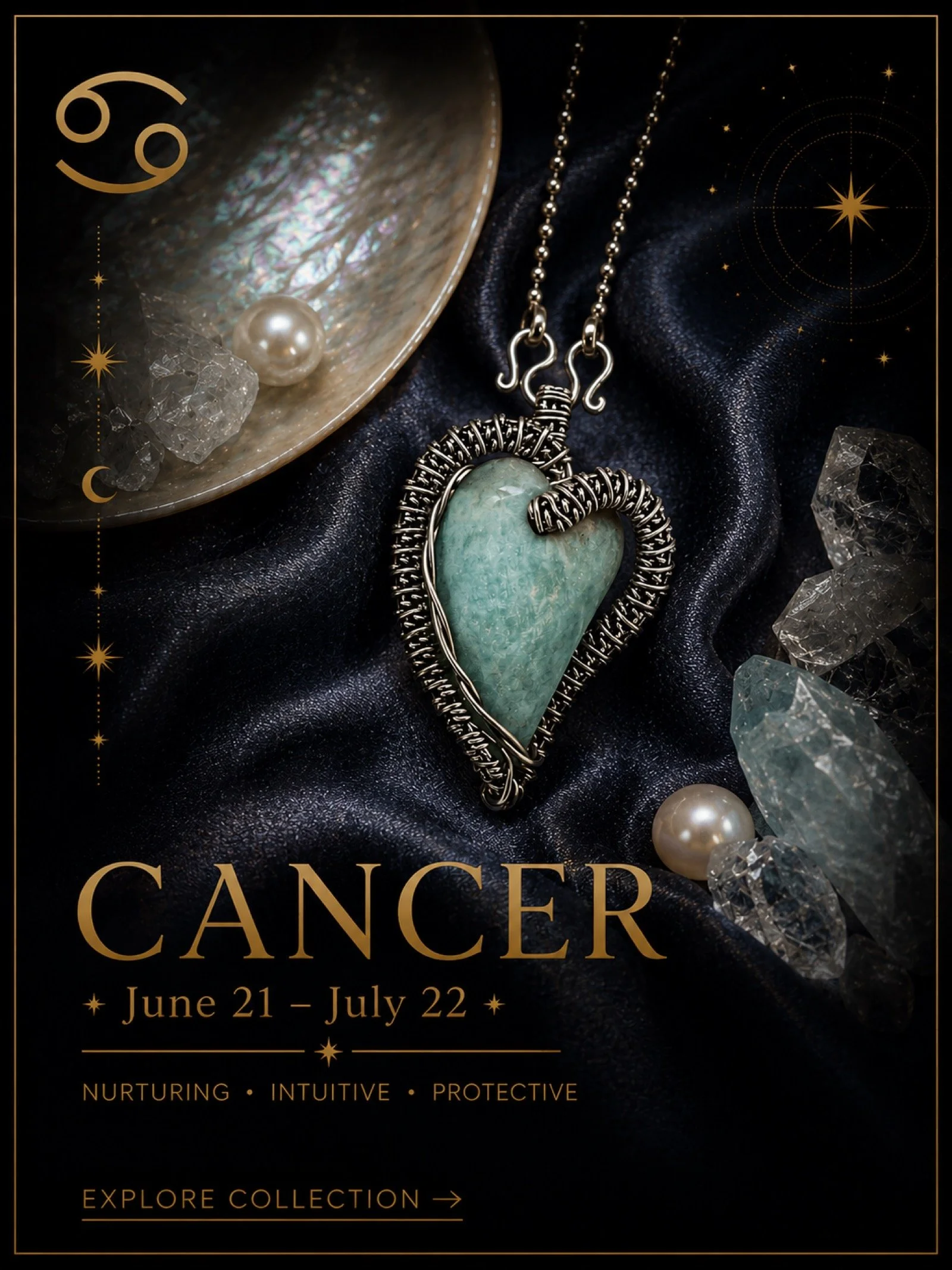 Nurturing gemstones selected to support intuition, emotional depth and compassionate Cancer energy.