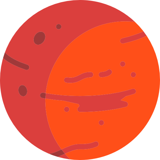 Illustration of a red planet with surface markings.