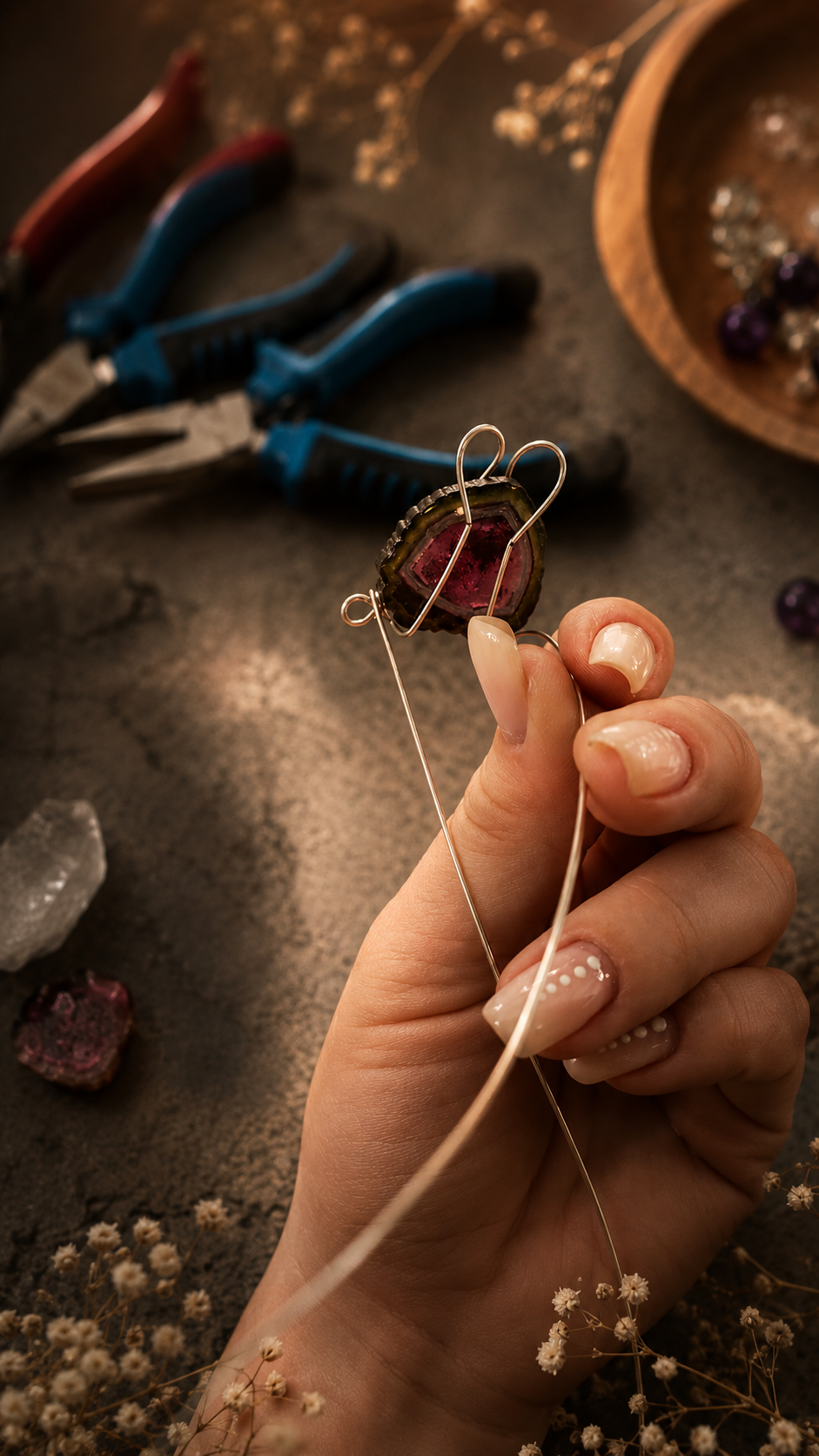 A person is making jewelry with wire and a large, oval-shaped gemstone, possibly a garnet, in a workspace with jewelry tools and stones in the background.
