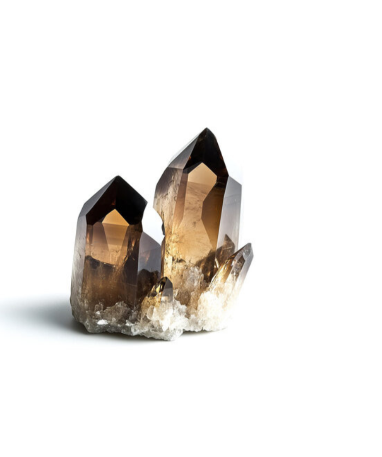 A cluster of smoky quartz crystals with brown and black hues, set on a white background.
