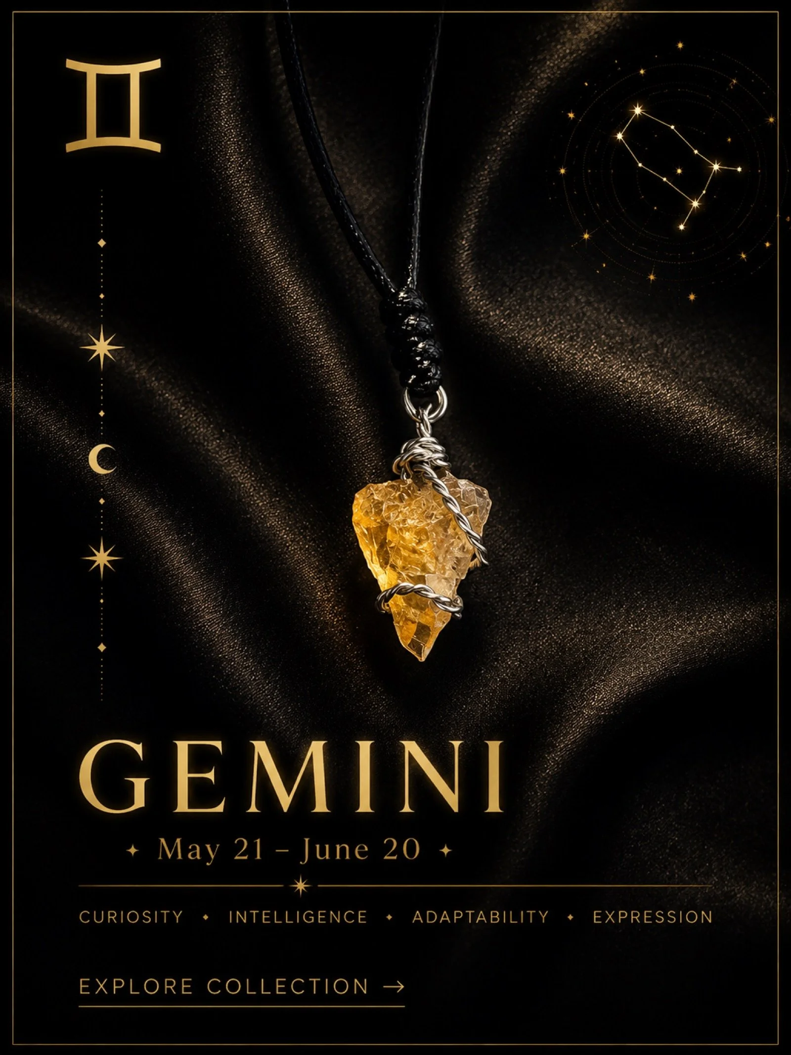 Crystal jewelry inspired by curiosity, communication and the adaptable energy of Gemini.