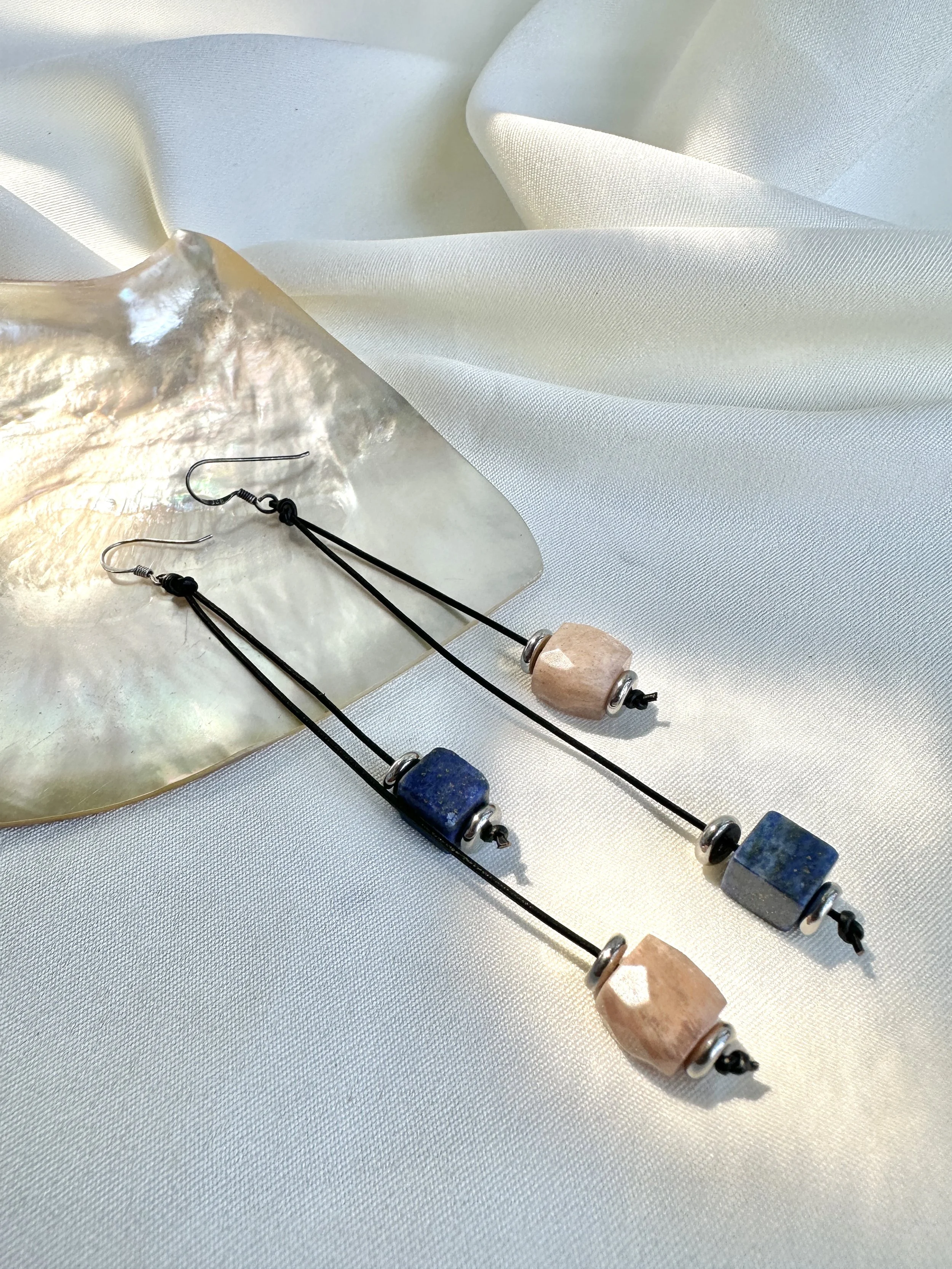 Sunstone & Lapis Lazuli Leather Cord Earrings – Handmade Gemstone Earrings