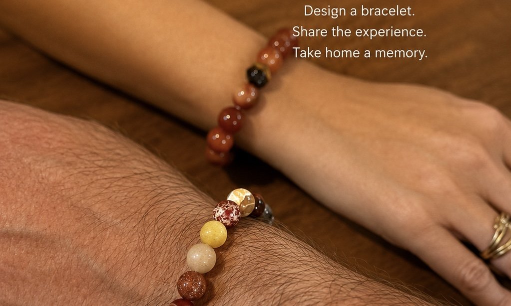 Matching gemstone bracelets created by a couple during a jewelry workshop in Phuket