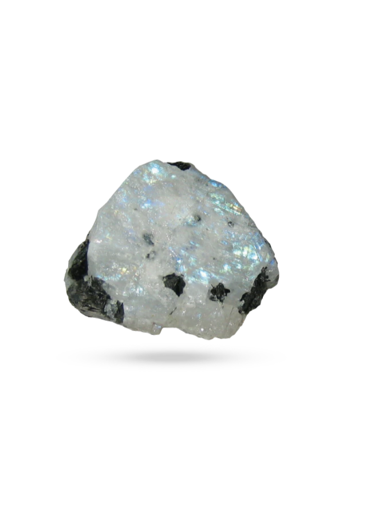 A piece of raw moonstone showing a white and iridescent surface with black inclusions, isolated on a white background.