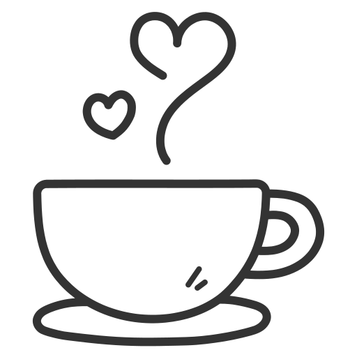 Drawing of a coffee cup with steam and two hearts above it.