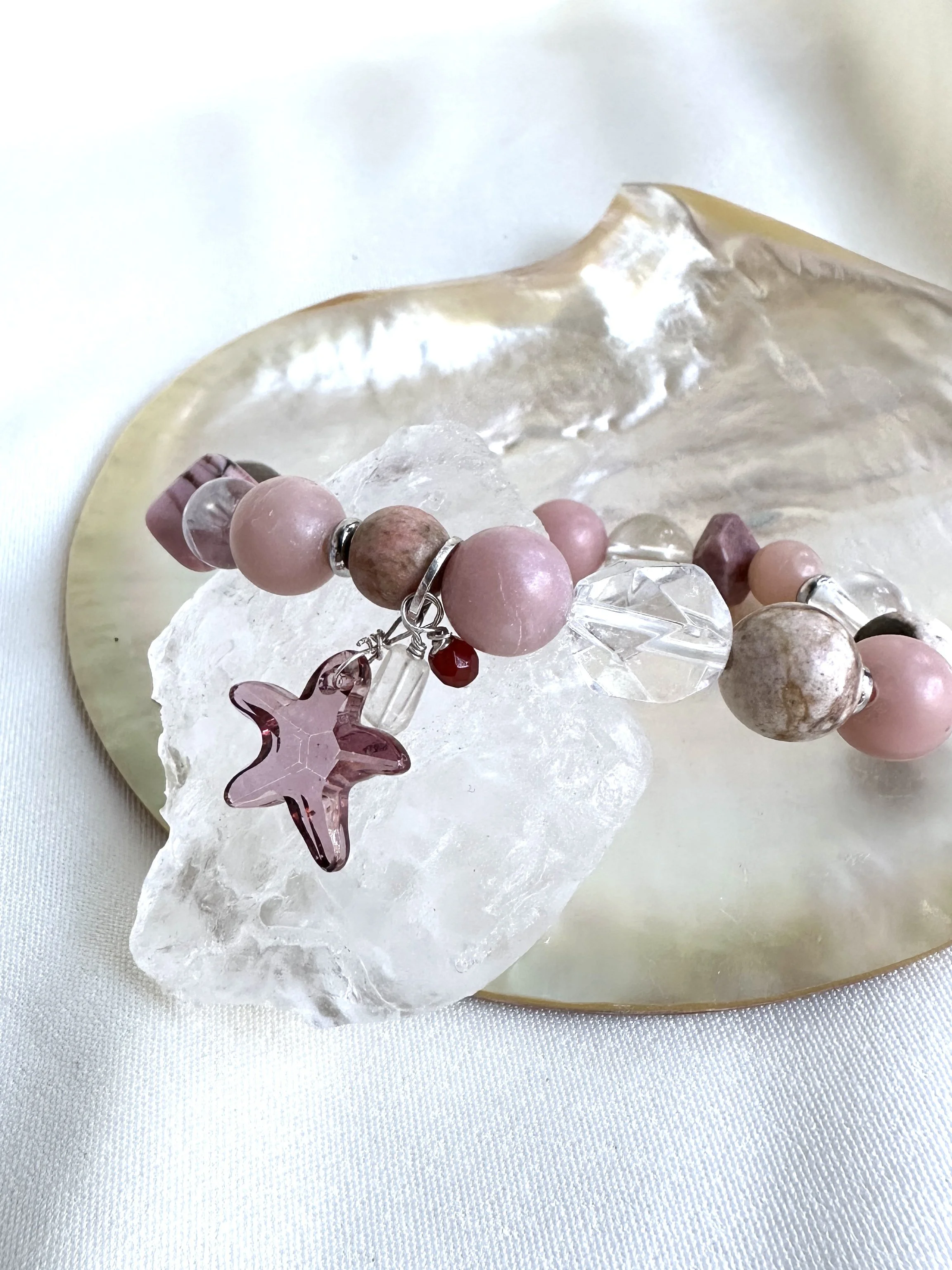 Pink Opal, Rhodonite & Clear Quartz Starfish Bracelet – Love, Emotional Healing & Self-Love