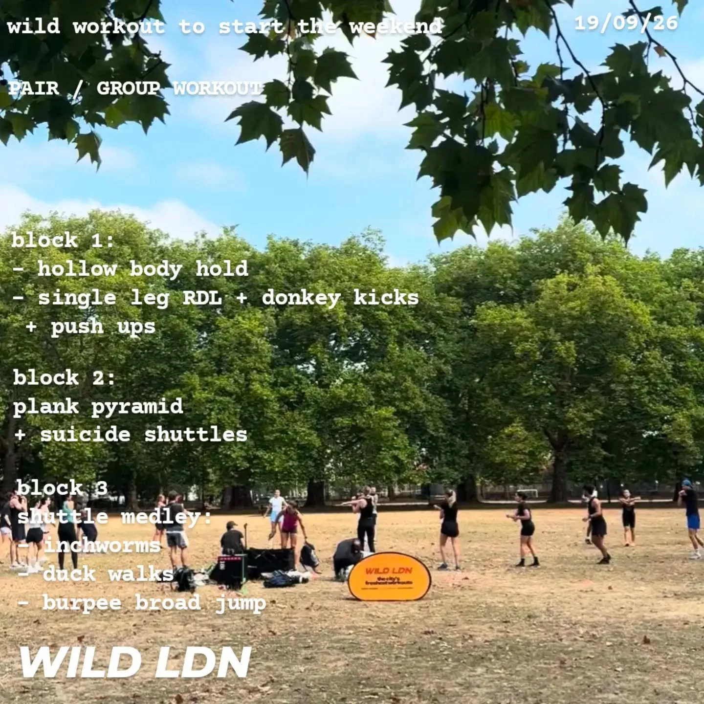 getting wild tomorrow with this partner &amp; group shuttle workout ⚡
3 blocks over 45 mins of bodyweight strength, control, mobility &amp; conditioning 💪🏻 
incl duck walking and donkey kicking in the wild 🫈

coaches @aimarsaran &amp; @lmfit_train