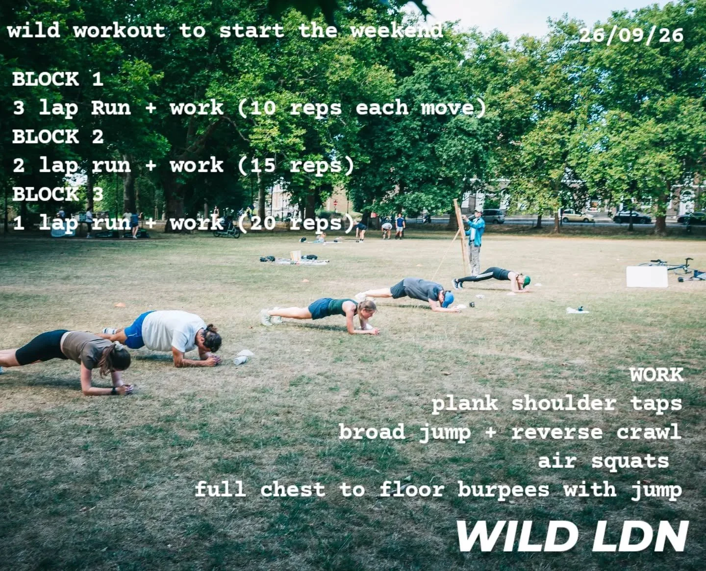 hybrid run + bodyweight conditioning outdoor workout from WILD LDN

this workout descends in running volume but increases in work volume for a big finish 🔥

movement does not need to be complicated, our bodies know how to do this.
book at the link i