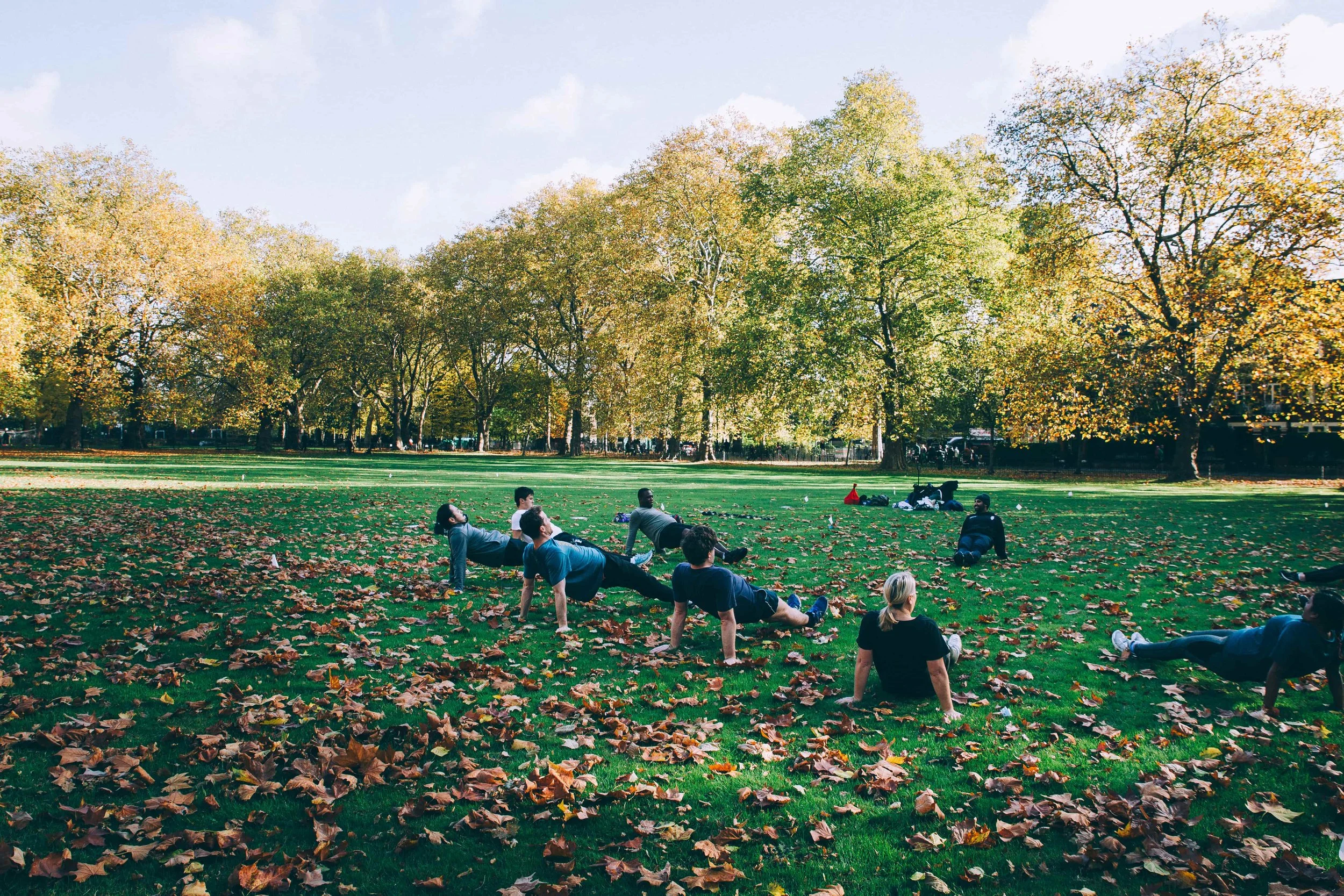 action shot during a wild LDN outdoor workout session in Highbury Fields, Islington - a group of young, athletic people in their 20s and 30s in a circle performing the reverse plank during the outdoor fitness group class in a beautiful park.