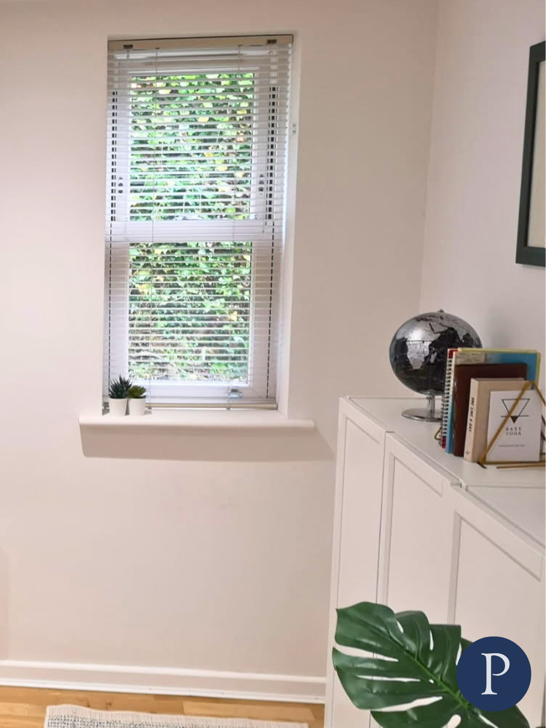 Room with a window with white blinds, white cabinet with books and a globe, green plant in the foreground, and small potted plants on the window sill.