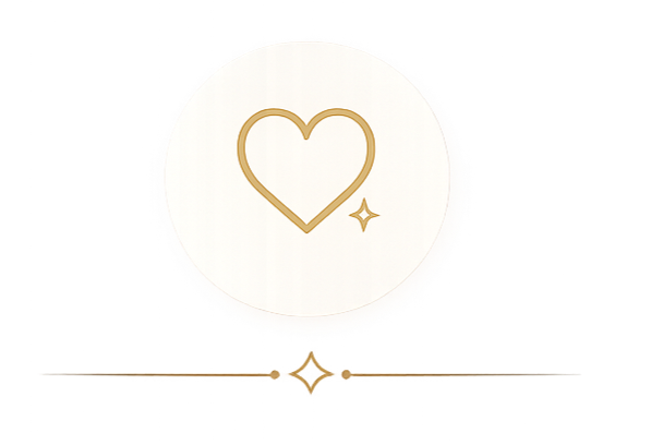 A white circular background with a gold heart outline and a small star-shaped sparkle, with additional small star icons around the heart.
