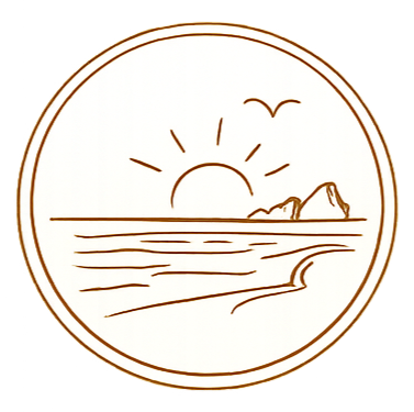 A minimalist line drawing of a sunset over the ocean, with the sun near the horizon, waves, a rocky island, and a flying bird, all inside a circular border.