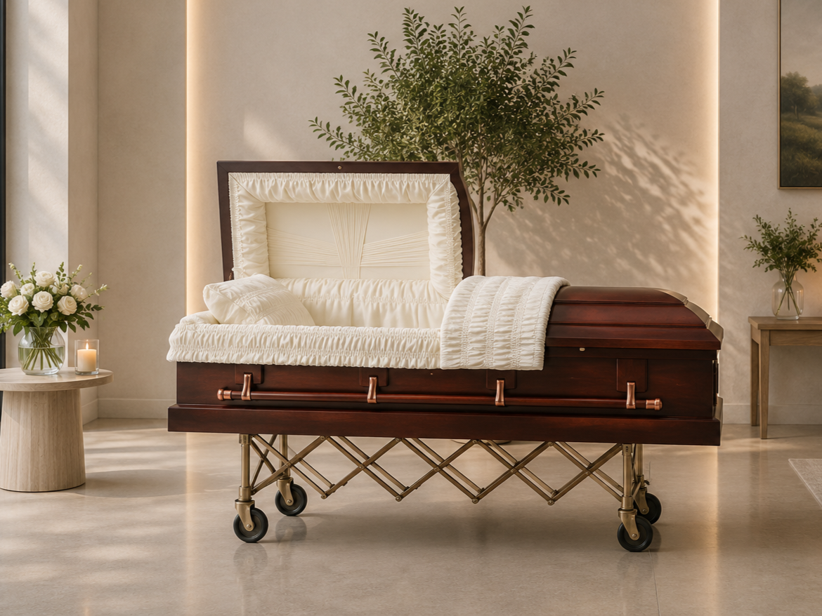 Funeral casket with floral arrangement and lit candle in a funeral home setting