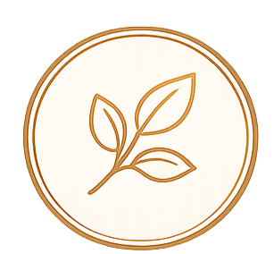 A minimalist logo with a stylized plant branch and leaves inside a circular border.
