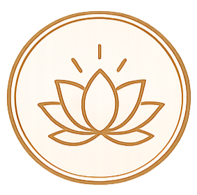 A stylized, minimalist logo of a lotus flower with rays above its petals, enclosed in a circle, in brown and white colors.