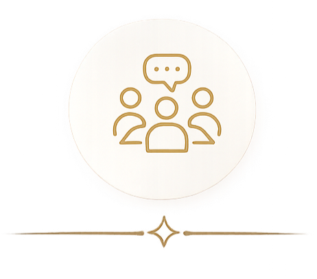 Icon of three people with a speech bubble above one, indicating a group discussion or meeting.