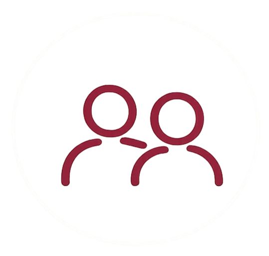 Icon of two human figures, one larger and one smaller, representing users or people, with a teal and red background.