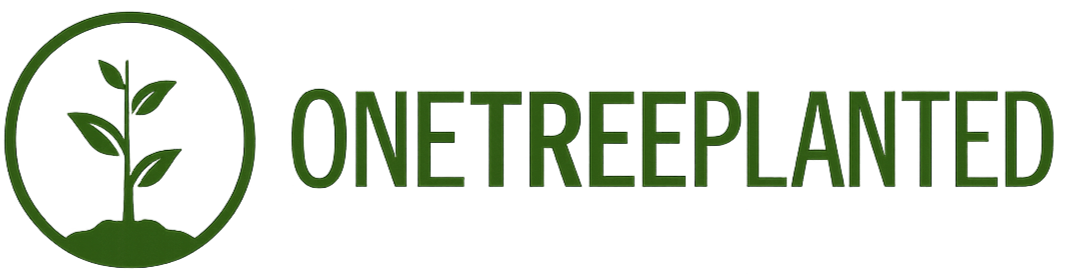 Logo with a green and yellow circular background featuring a plant sprout, accompanied by the words "One Tree Planted" in green text.