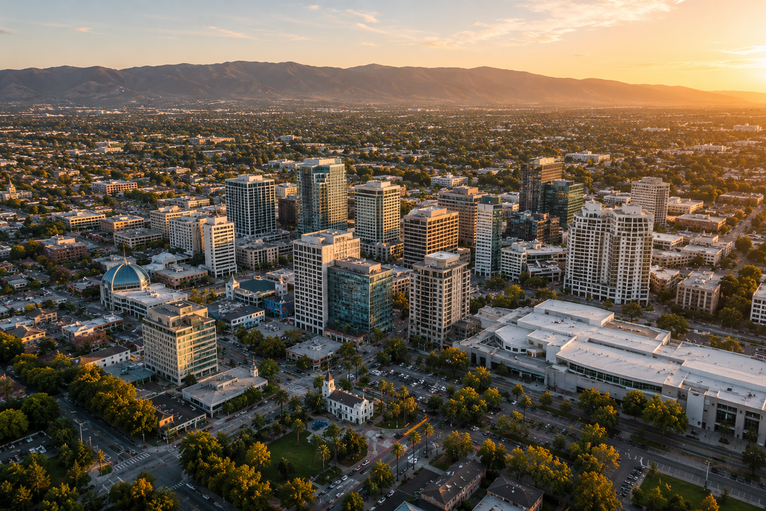 Aerial view of a city skyline at sunset with tall modern buildings, a domed structure, a church, and green parks in the foreground, mountains in the background.
