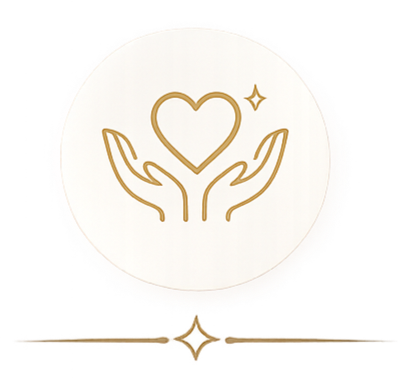 Two hands holding a heart with a star-shaped spark and a smaller star to the right, all in gold outline.