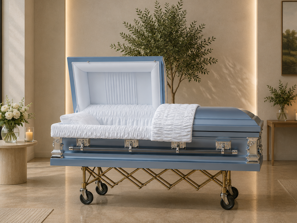 A blue casket with a white interior and padded lining, positioned on a wheeled stand in a room with beige walls, a potted plant, a side table with flowers and a candle, and framed artwork.