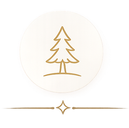 A simple gold outlined pine tree inside a white circle with a decorative line and star at the bottom.