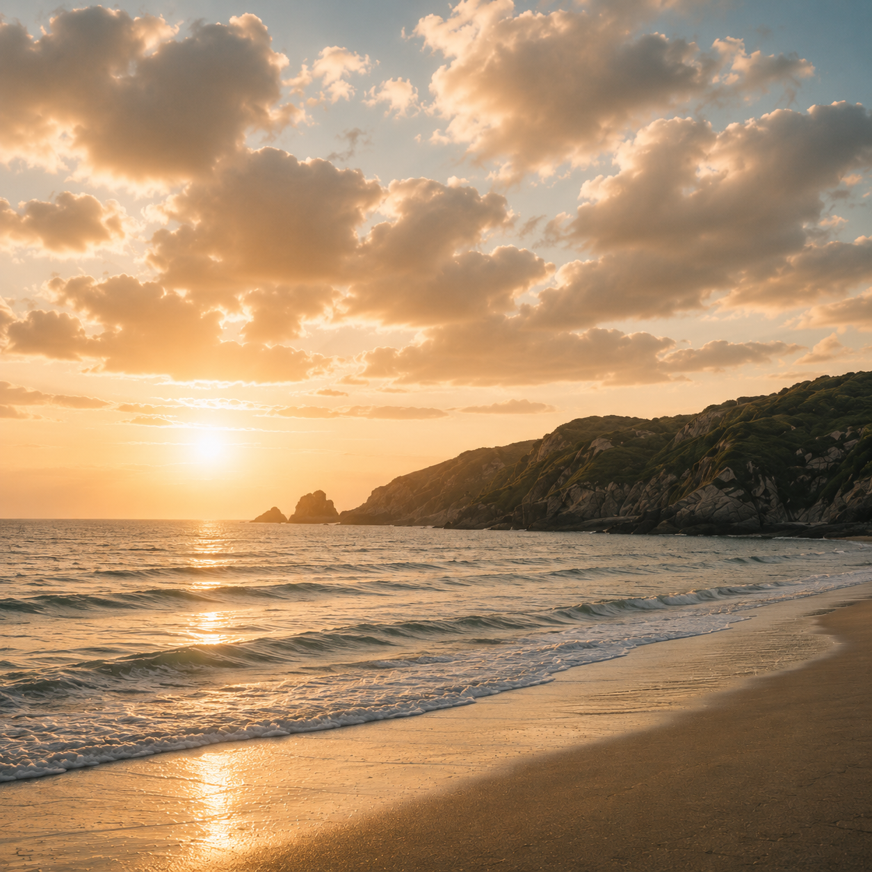 Sunset over the ocean with clouds, waves gently crashing on sandy beach, cliffs covered in green vegetation in the background.