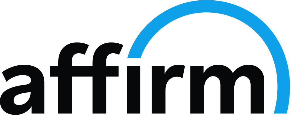 Logo with the word 'affirm' in lowercase black letters and a blue arc above the letter 'i'.
