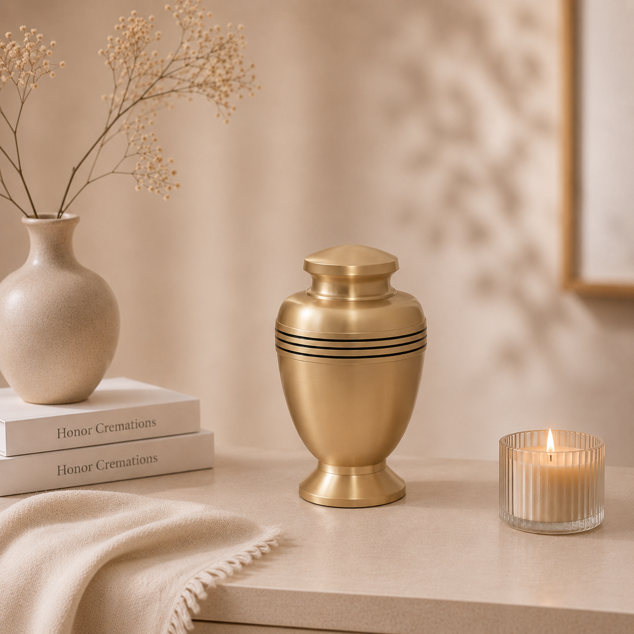 A beige table with a beige vase holding dried flowers, two white books titled "Honor Cremations," a beige urn, a lit candle, and a beige cloth.