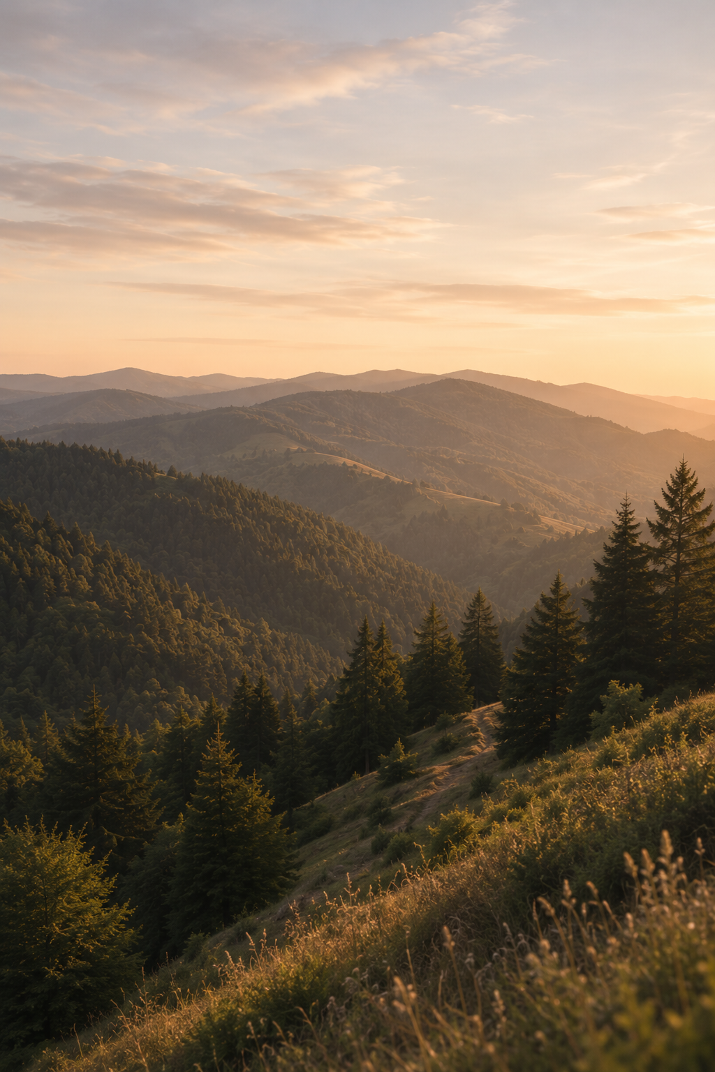 Sunset over a mountain landscape with dense evergreen trees and grassy slopes.