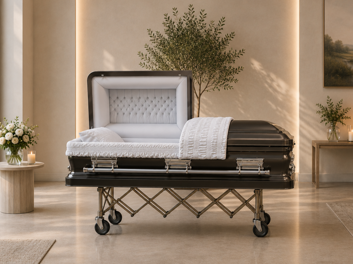 A modern funeral casket with floral arrangements and candles in a peaceful indoor setting.
