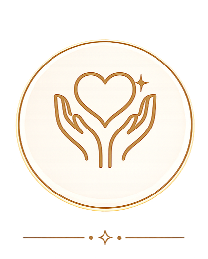 Illustration of two hands holding a heart with a sparkle, inside a circular border.