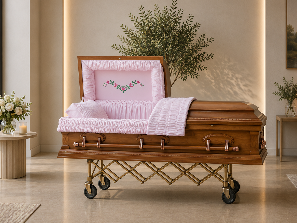 Wooden casket with pink interior lining and floral embroidery, placed on a wheeled metal stand in a room with beige walls, potted plants, candles, and a small side table.