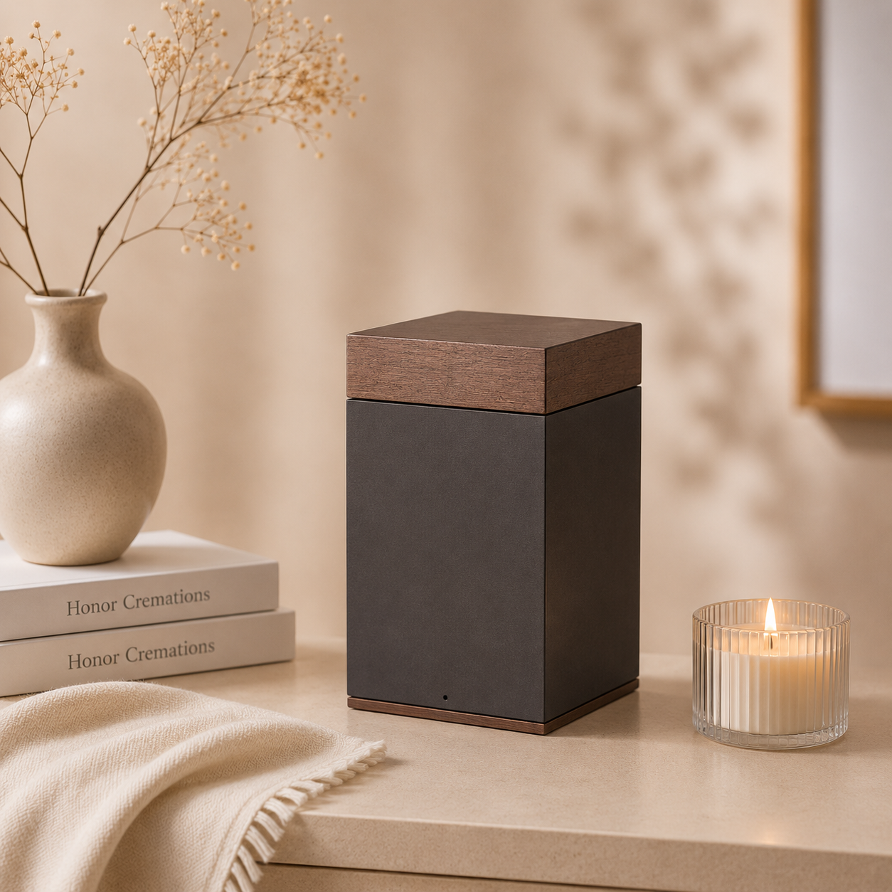 A wooden speaker on a beige table, next to a lit candle in a glass holder, a beige vase with dried flowers, and two white books titled 'Honor Cremations' on a cream-colored surface with a patterned fabric.