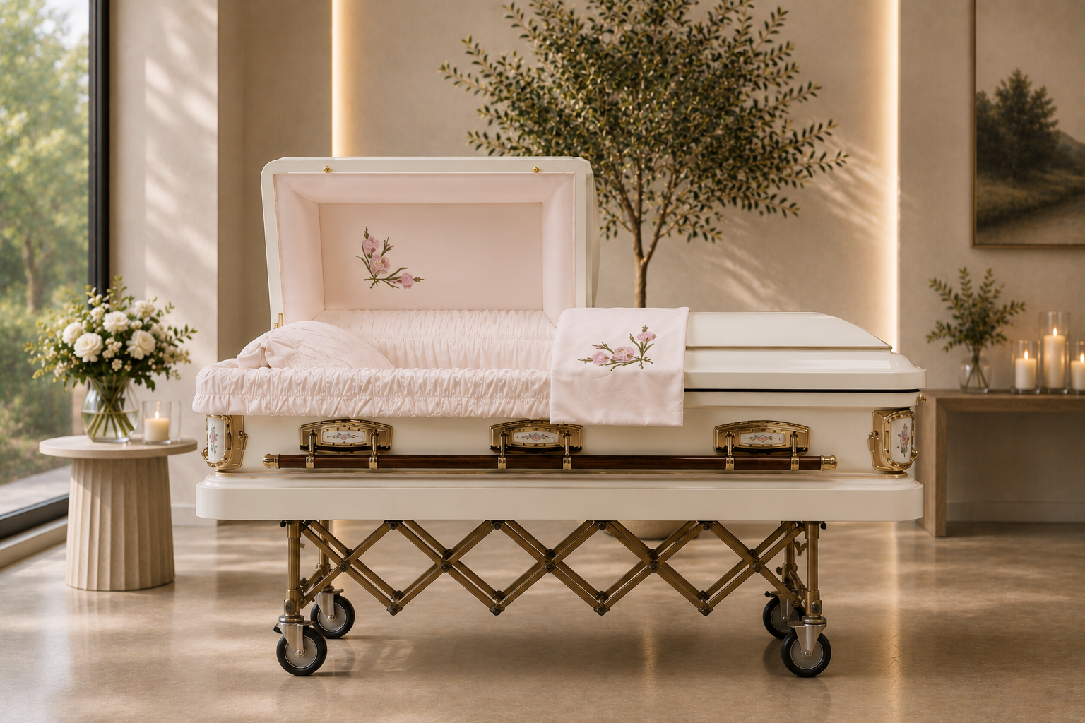 An ornate white casket with floral embroidery inside an elegant room with candles, flowers, and natural light.