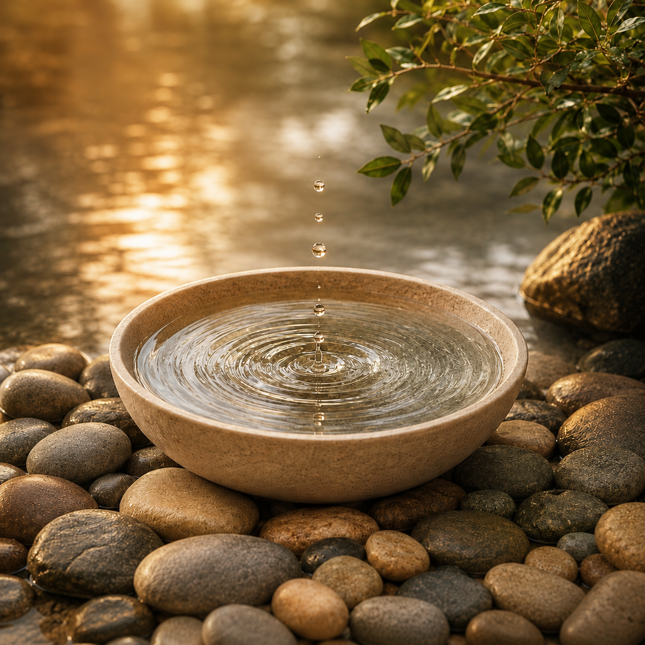 A round stone basin filled with water, positioned on a bed of rocks, with water droplets falling into it, and a leafy branch nearby, set against a blurred background of water and warm sunlight.
