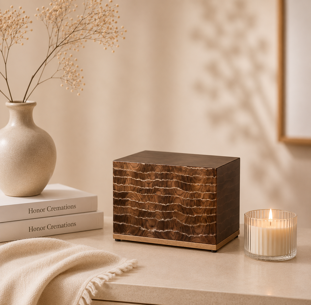 Decorative wooden box, beige vase with dried flowers, lit candle in glass container, two books titled 'Honor Cremations', beige cloth on table, neutral-colored wall background.