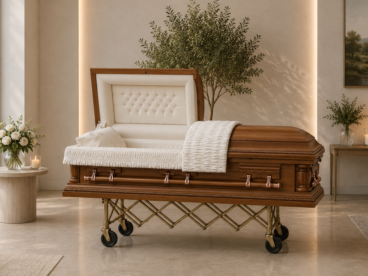A wooden casket with a cushioned, tufted cream interior, partially open on a stretcher in a softly lit room decorated with flowers, candles, and a potted tree.