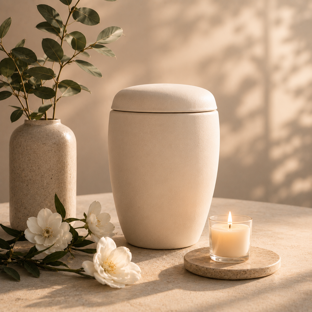 A beige urn-style container with a lid, next to a vase with greenery, white flowers, and a lit candle in a glass holder on a circular stone coaster, all set on a textured surface with soft natural lighting.